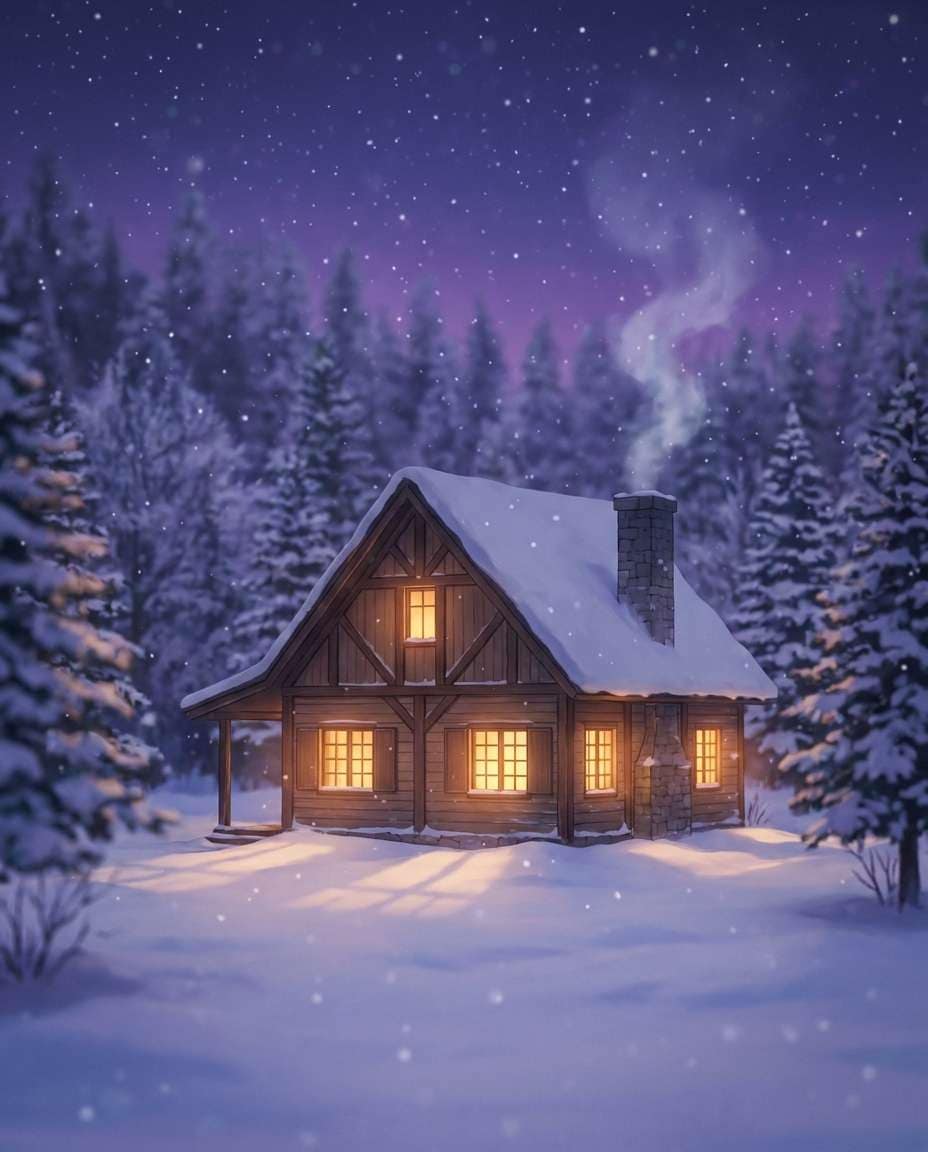 snowy cabin glow photo