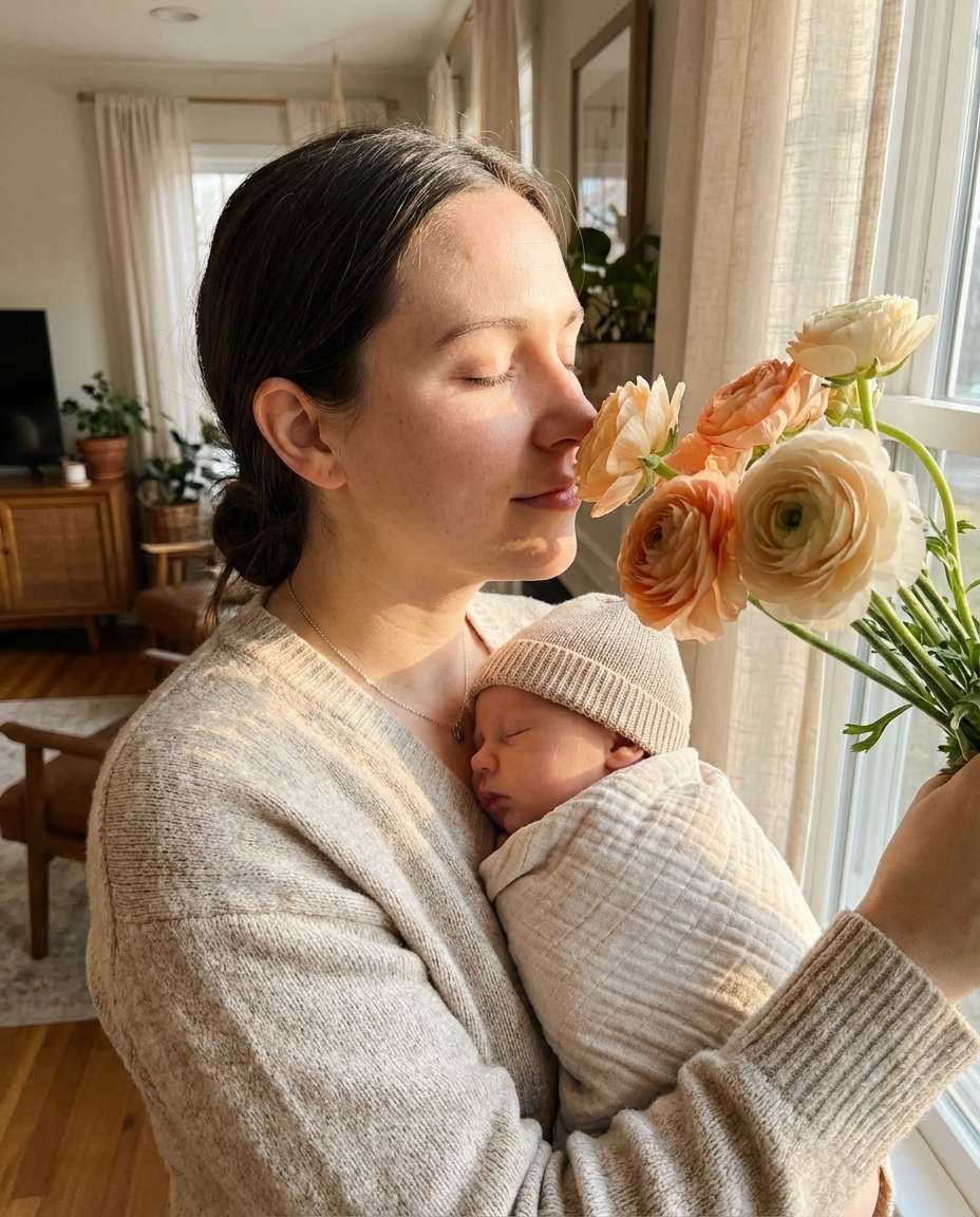 motherbaby bouquet hug photo