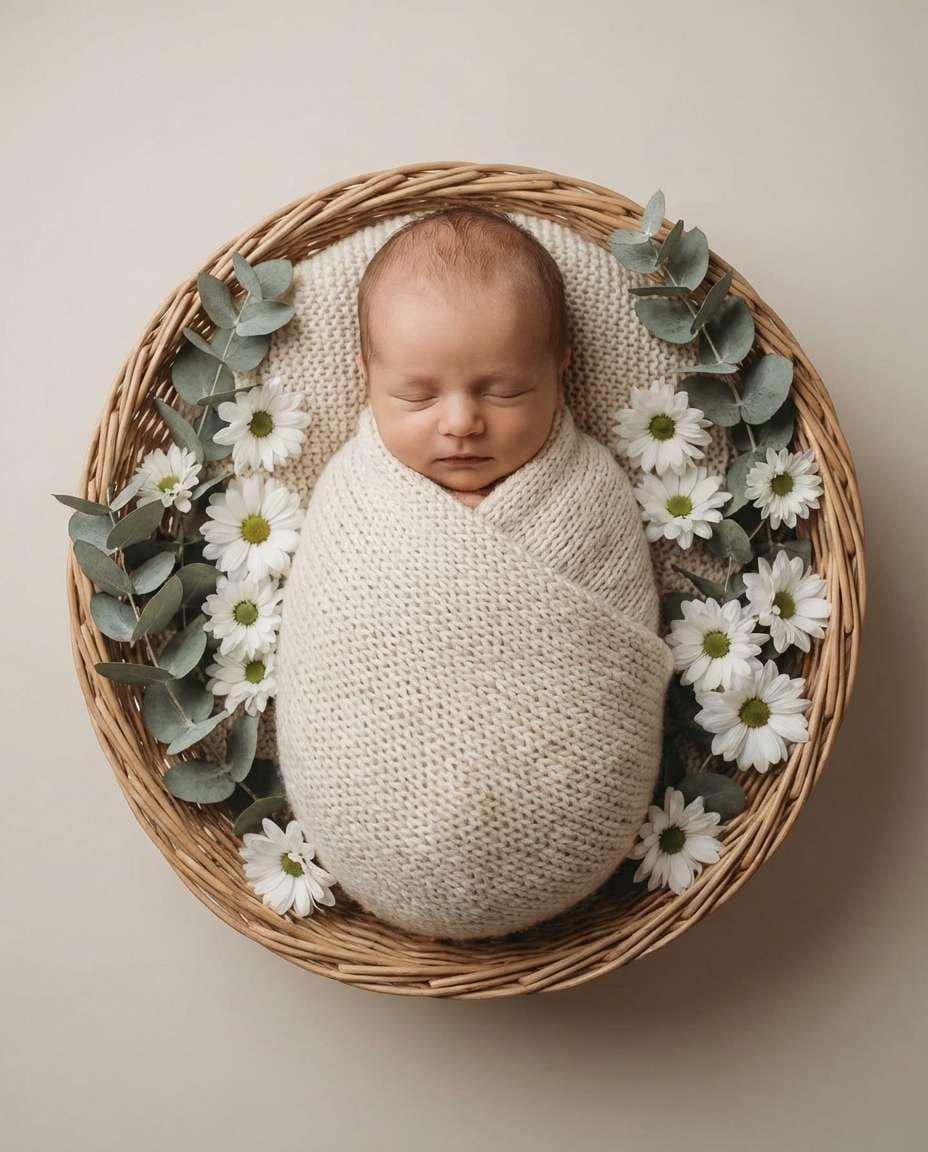 newborn in basket photo