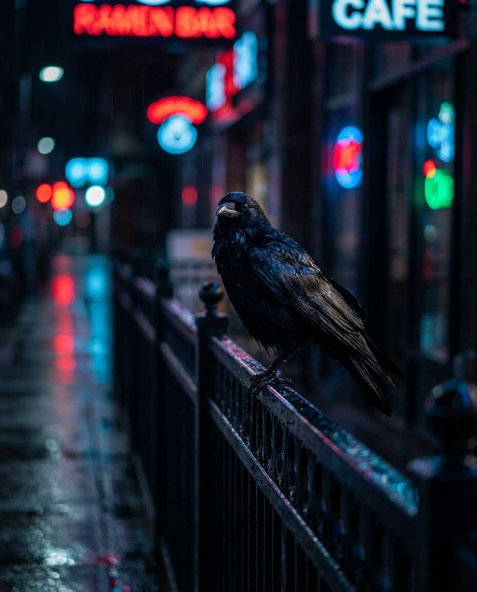 crow neon rain photo