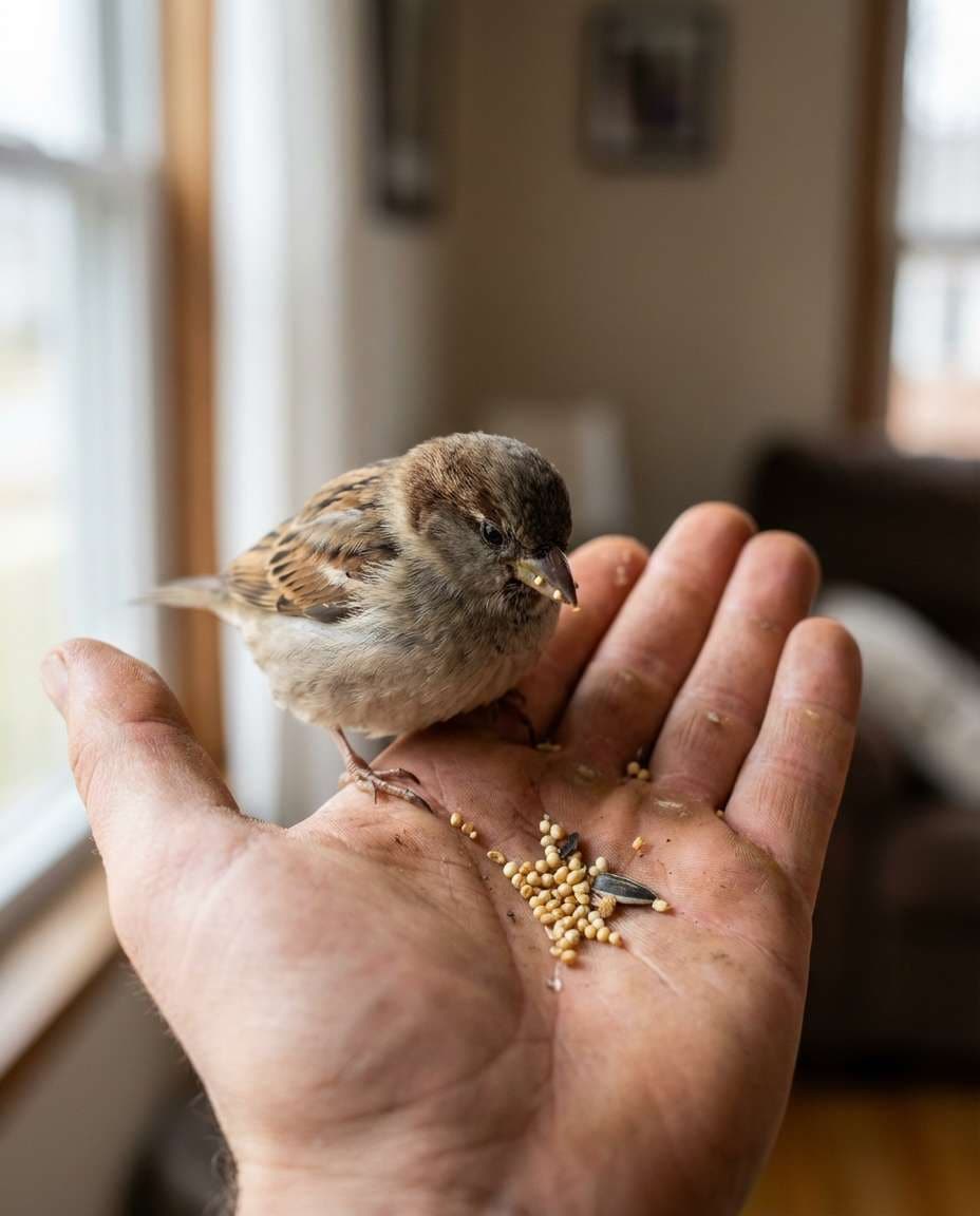 hand feeding sparrow photo