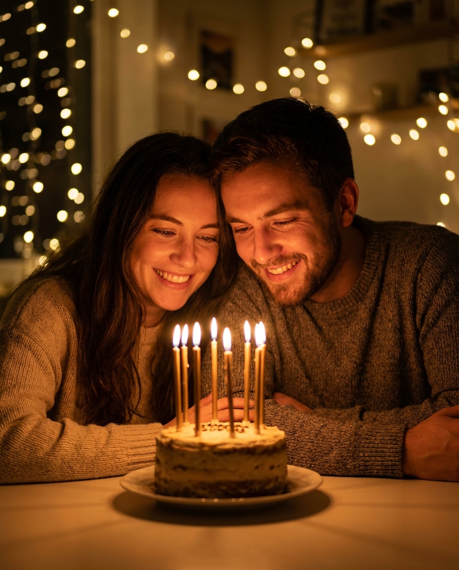 candlelit cake closeup photo