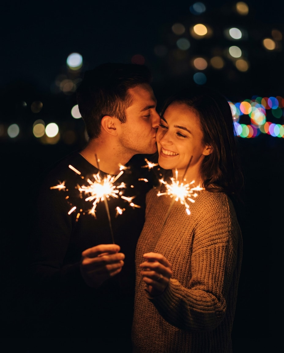 sparkler night kiss photo