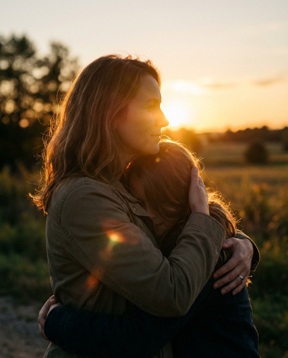 sunset silhouette hug photo