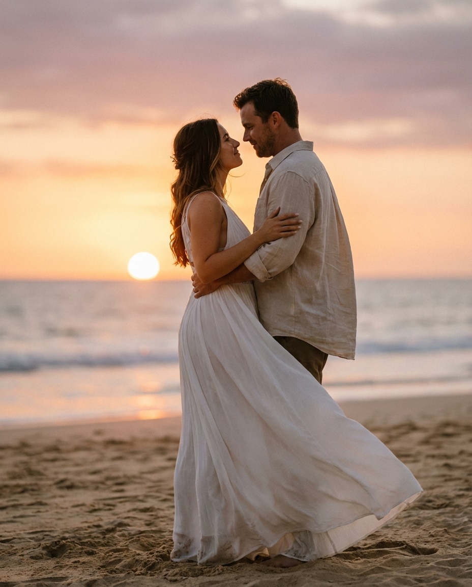 sunset beach hug photo