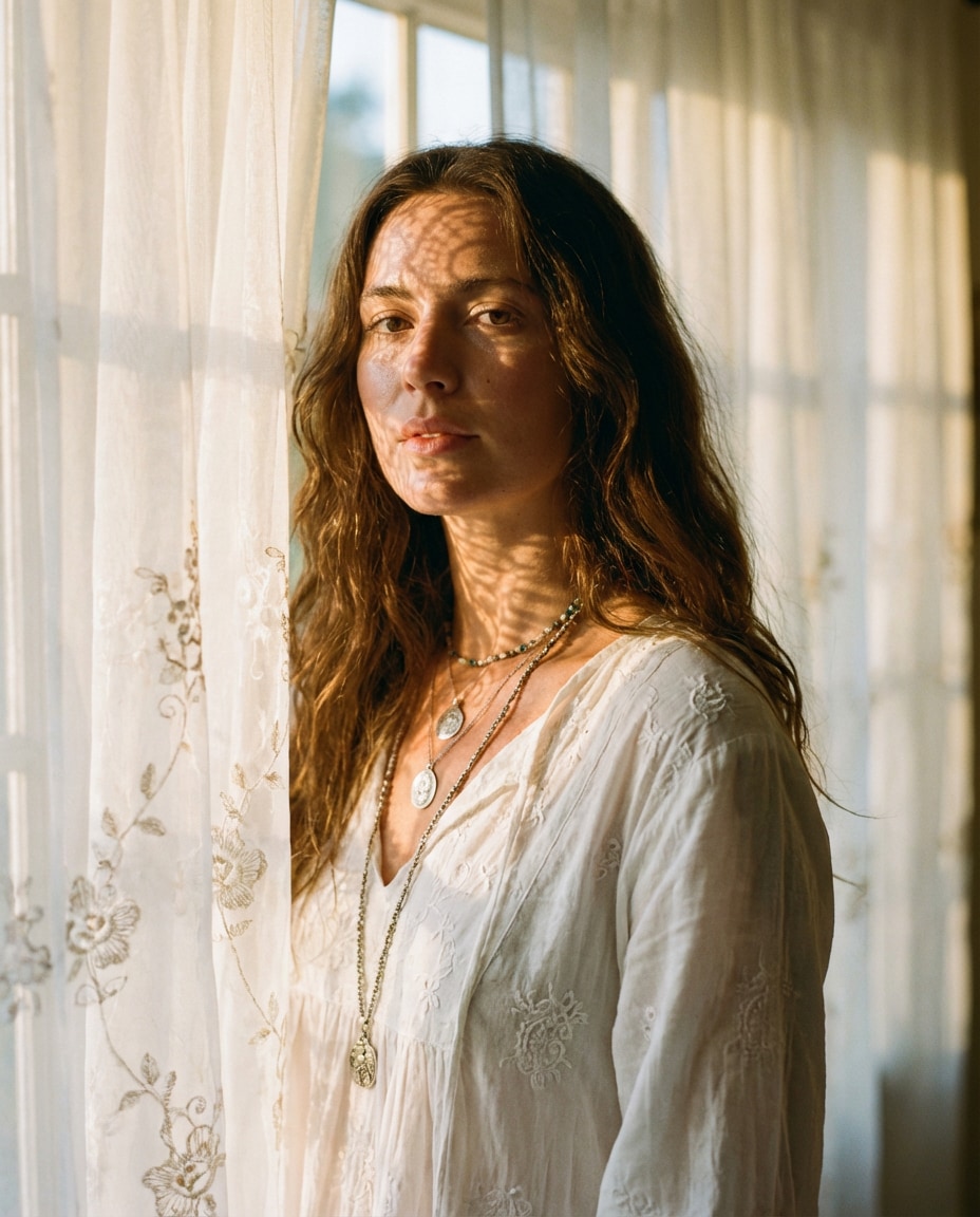 sunlit curtain portrait photo