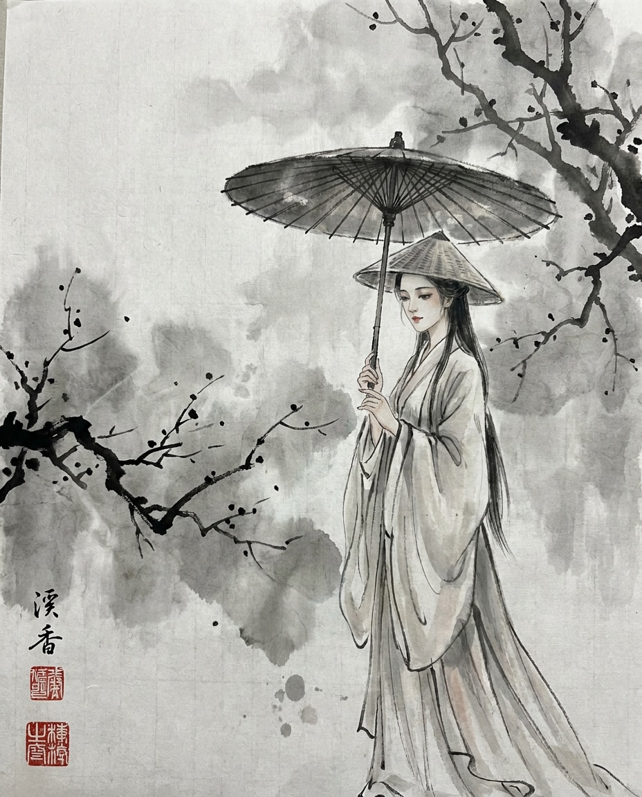 hanfu umbrella in rain photo