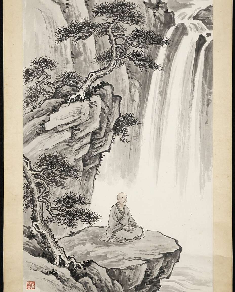 monk by waterfall photo