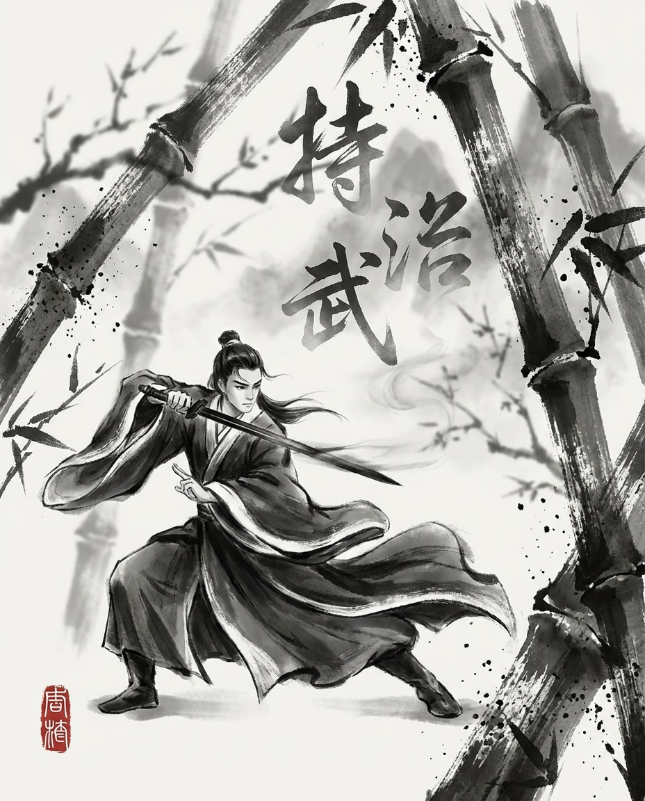 sword pose in bamboo photo