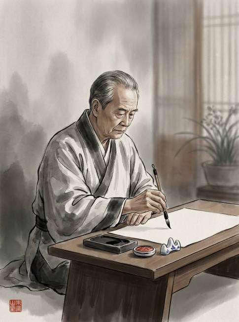 calligrapher at desk photo