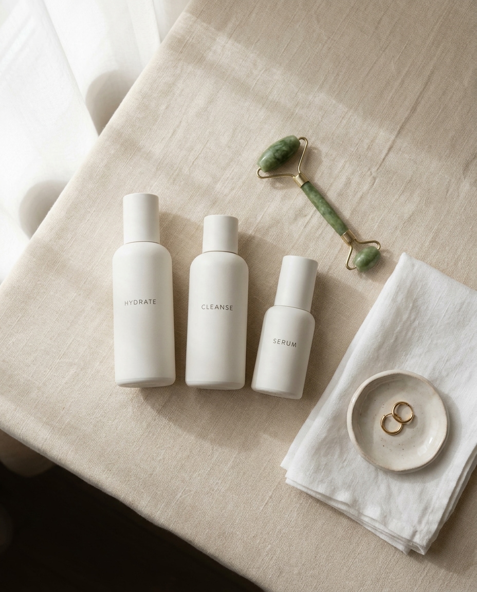 skincare shelf flat lay photo