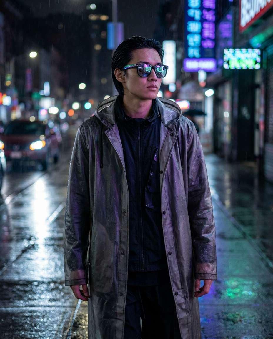 raincoat neon reflections photo