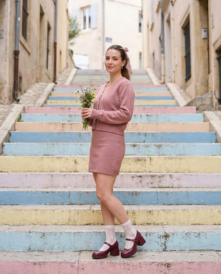 pastel staircase pose photo
