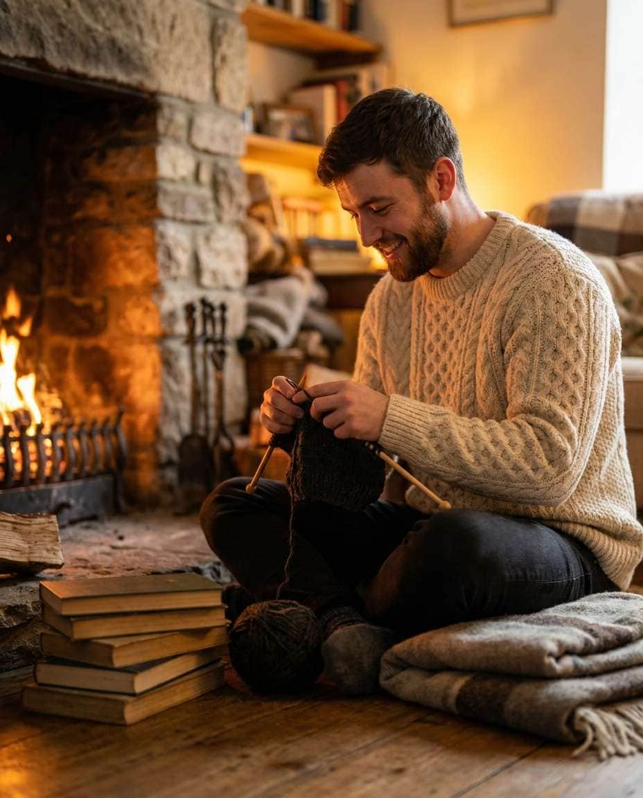 knitting by fireplace photo