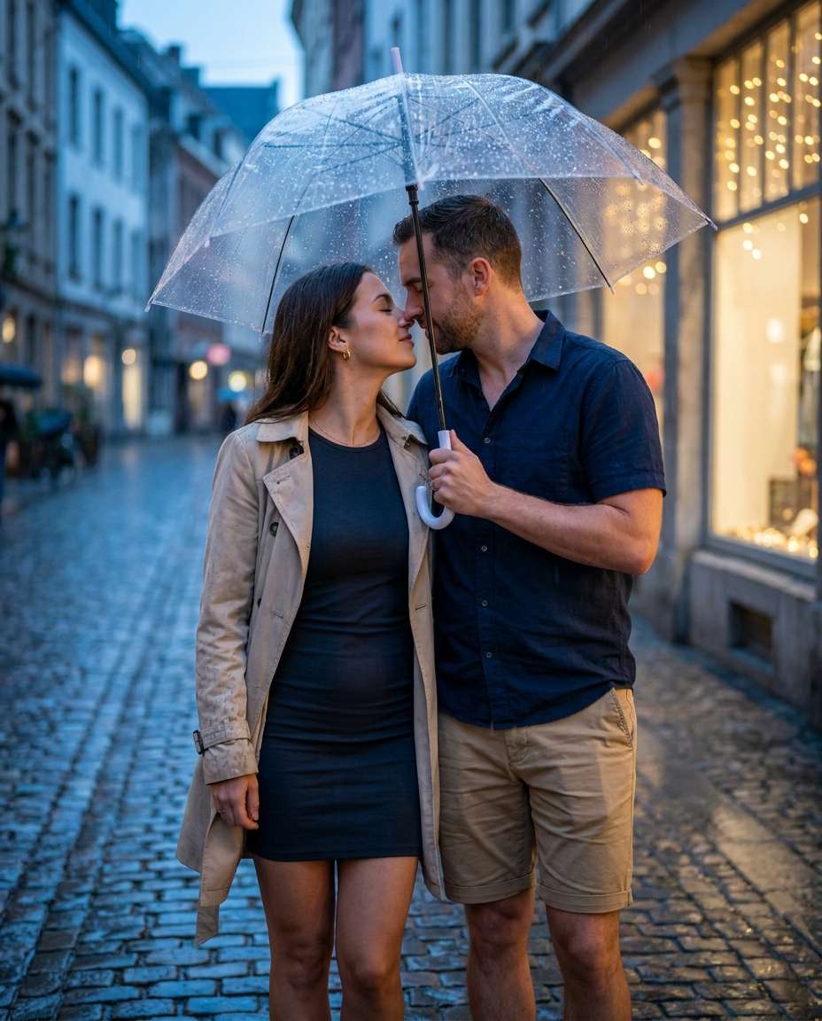 rainy umbrella kiss photo