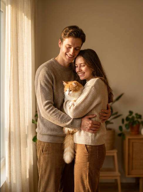 Couple & Cute Cat Warm Portrait