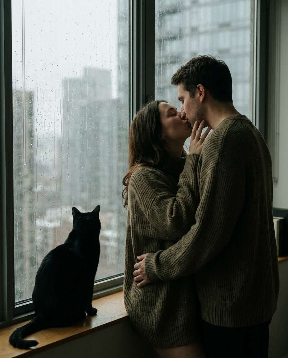 rainy window kiss photo
