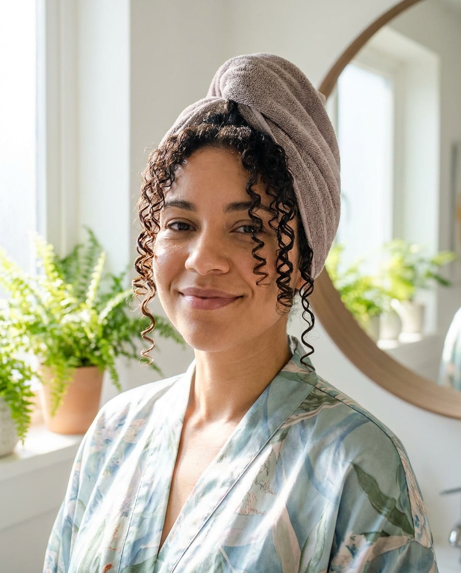 sunlit bathroom curl routine photo