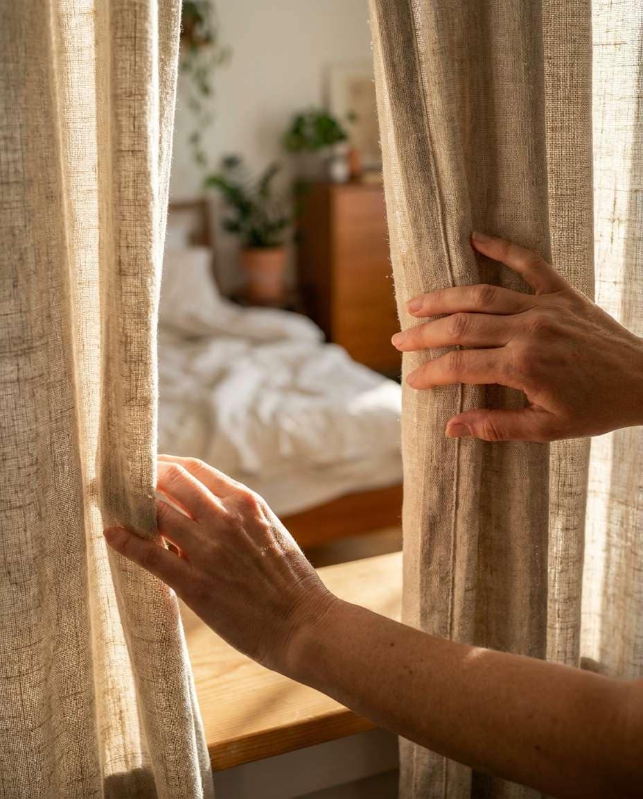 hands drawing curtains photo