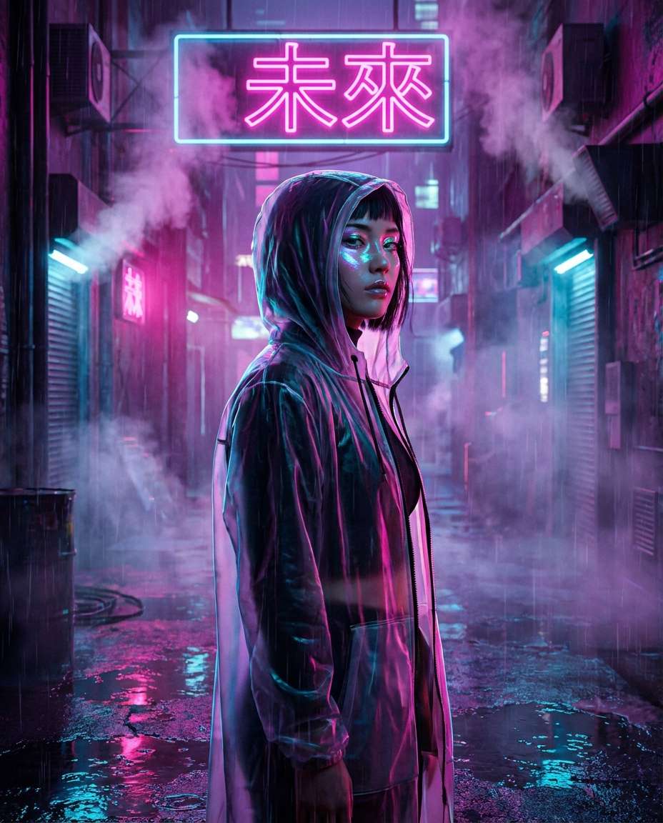 neon rain portrait photo