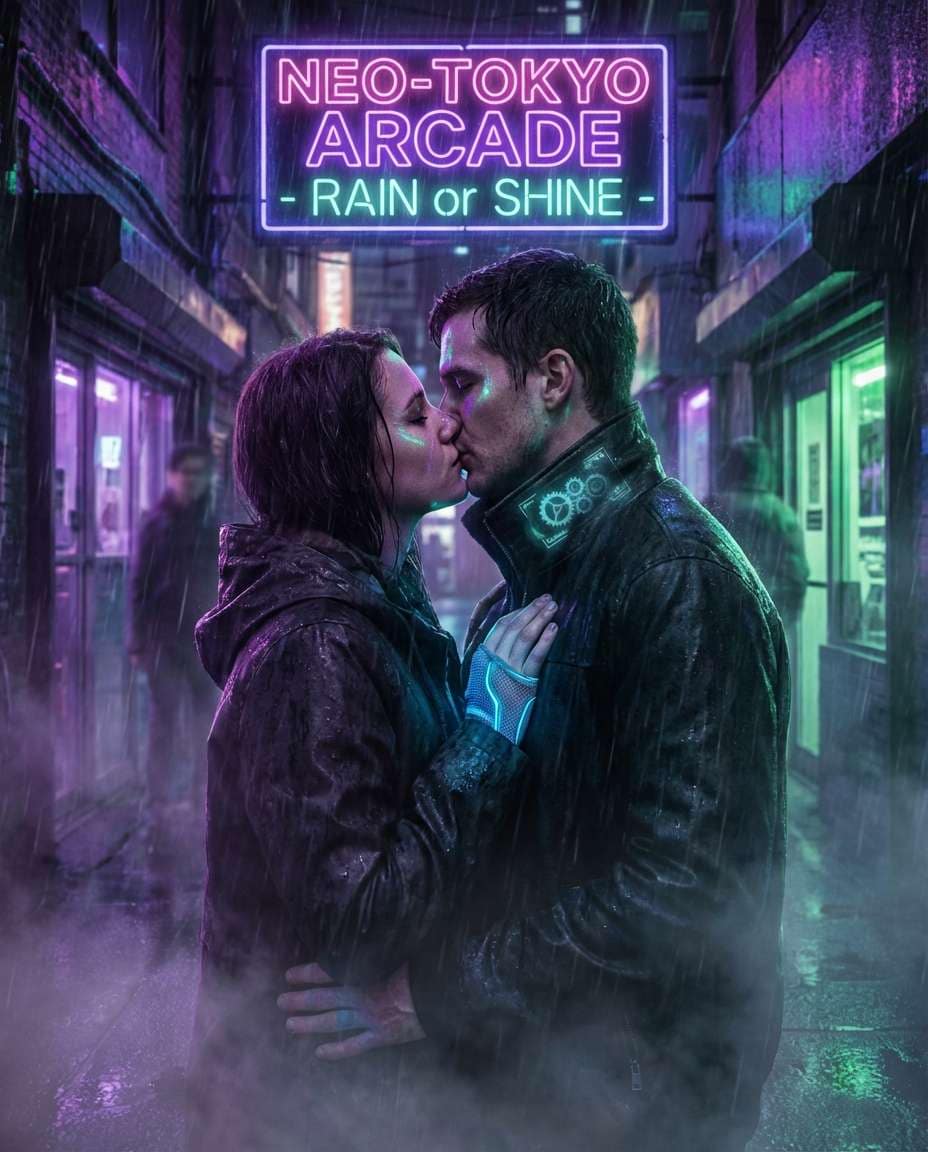 rainy alley couple kiss photo