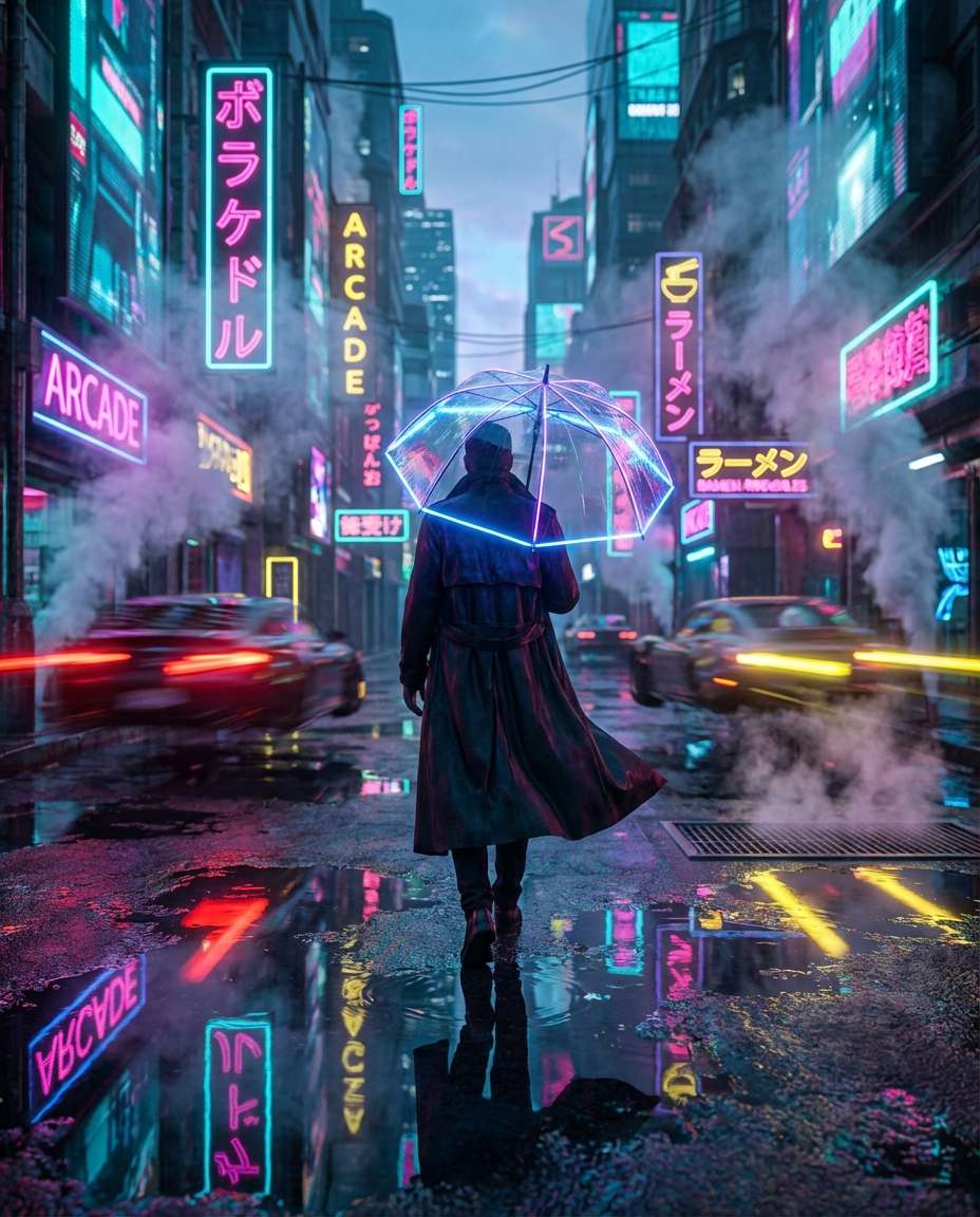 neon umbrella walk photo