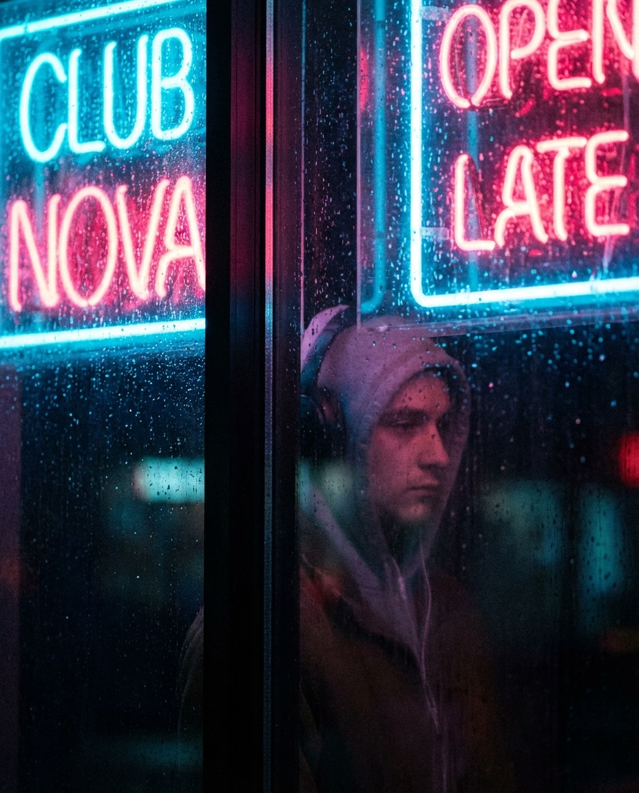 neon rain glass photo