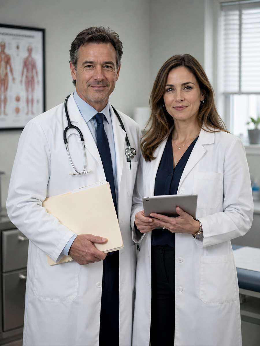 Doctor Couple with Patient Charts photo