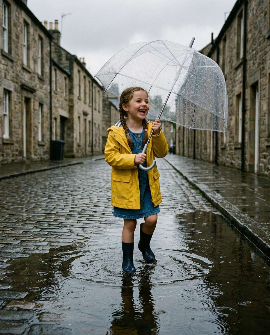 rainy day yellow coat photo