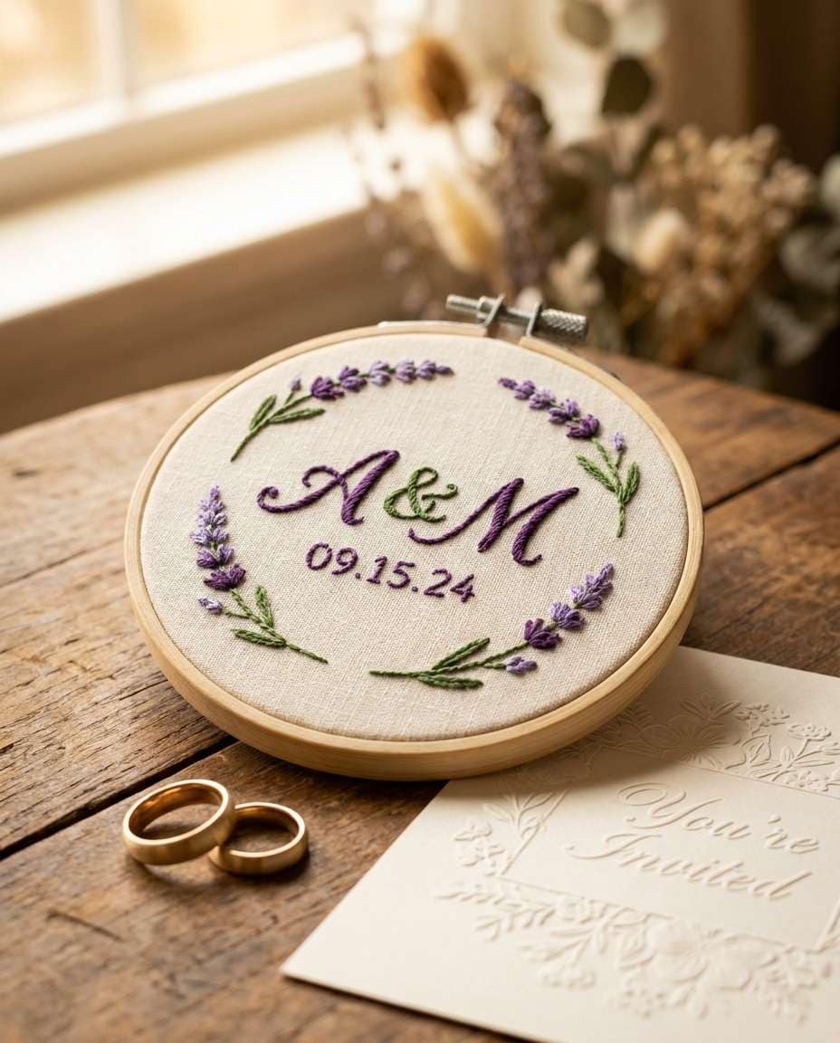 embroidered wedding date photo