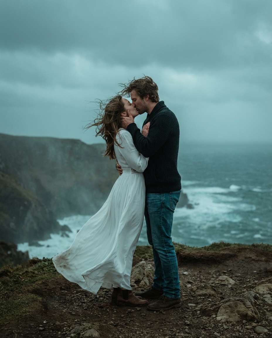 windy cliffside kiss photo