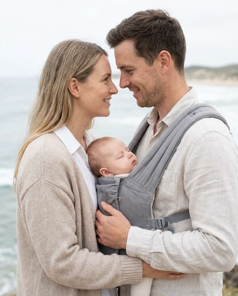 couple with baby carrier photo