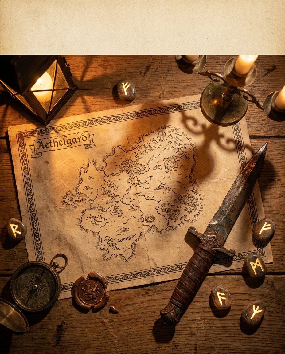 map and dagger flatlay photo