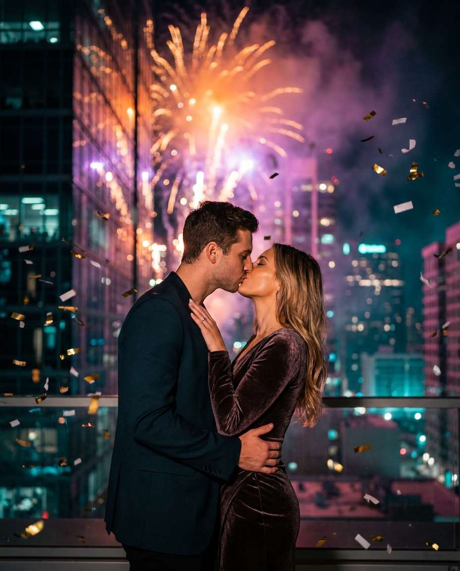rooftop confetti kiss photo