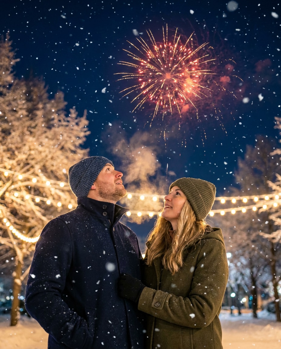snowy fireworks night photo