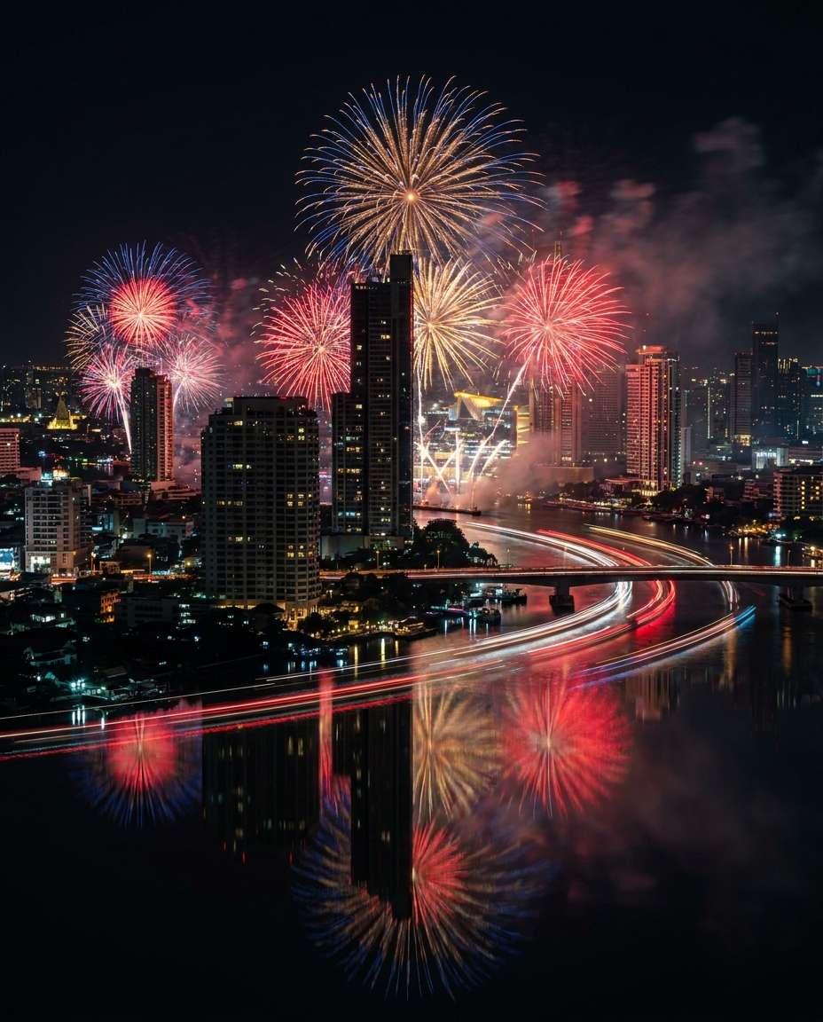 skyline fireworks only photo