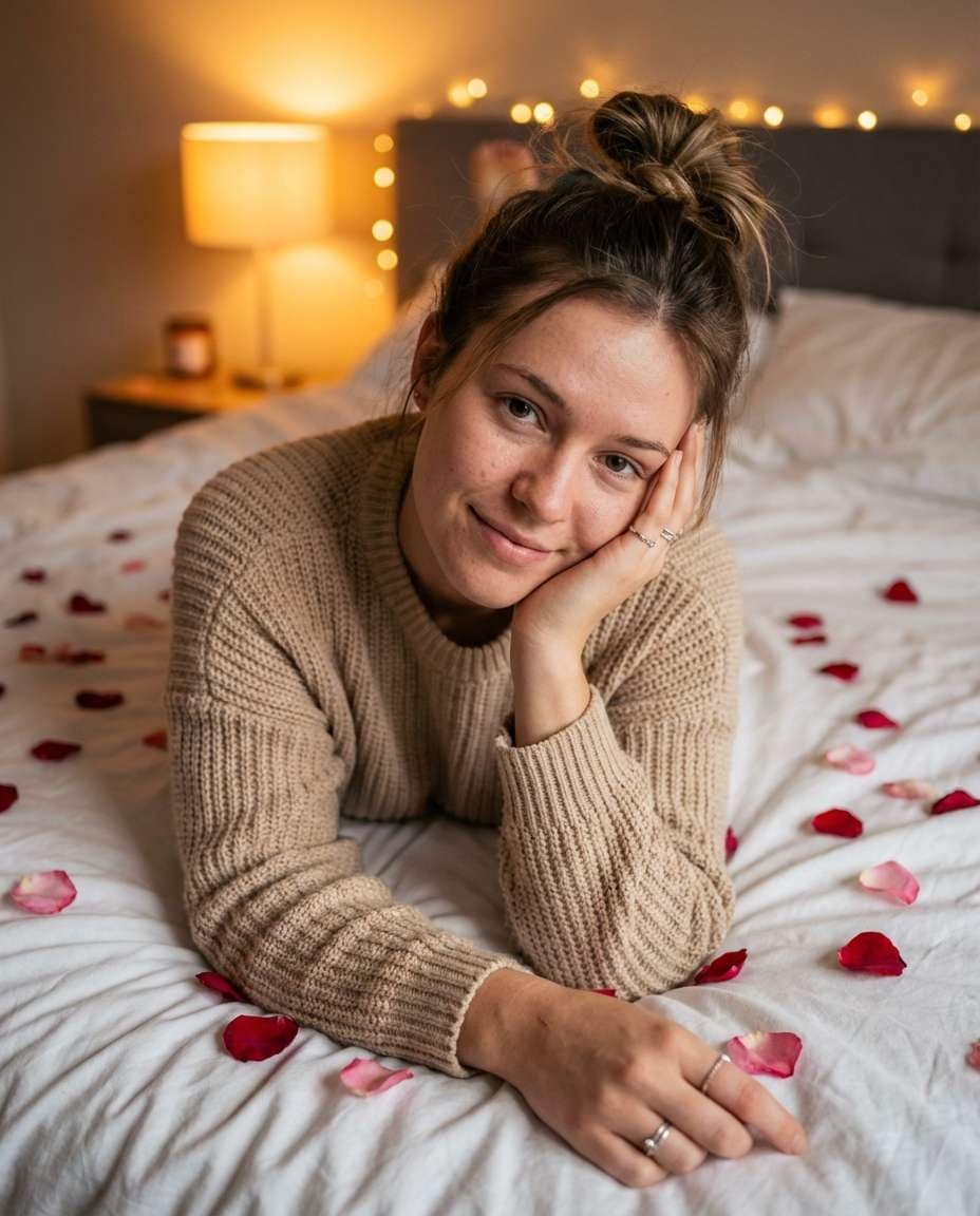 cozy bed floral flatlay photo