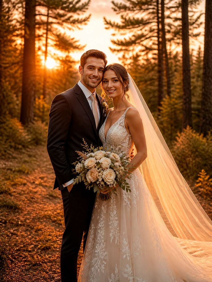 Warm Sunset Woodland Wedding photo