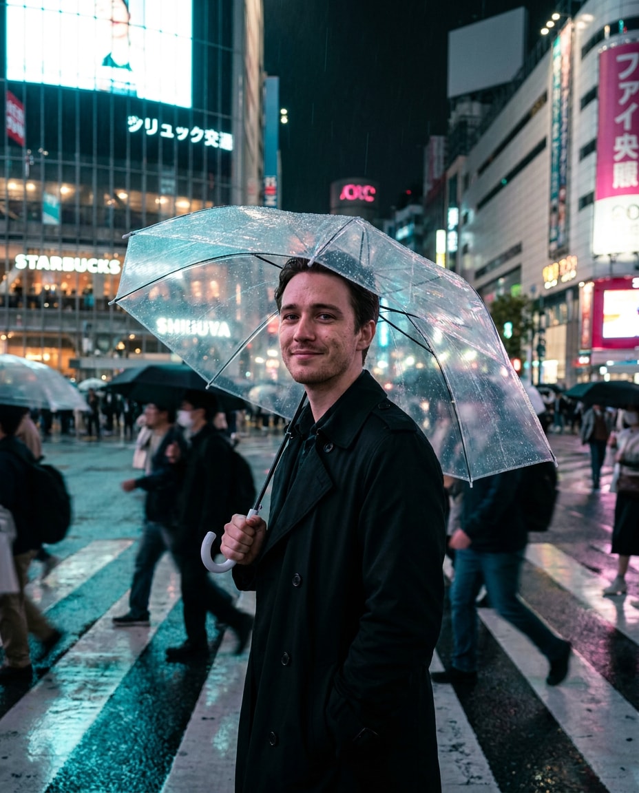 shibuya neon rain photo