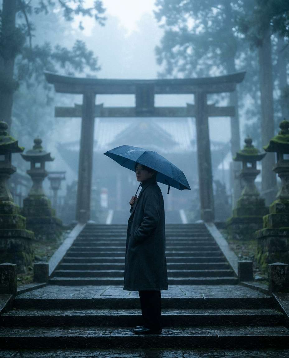 temple steps in fog photo