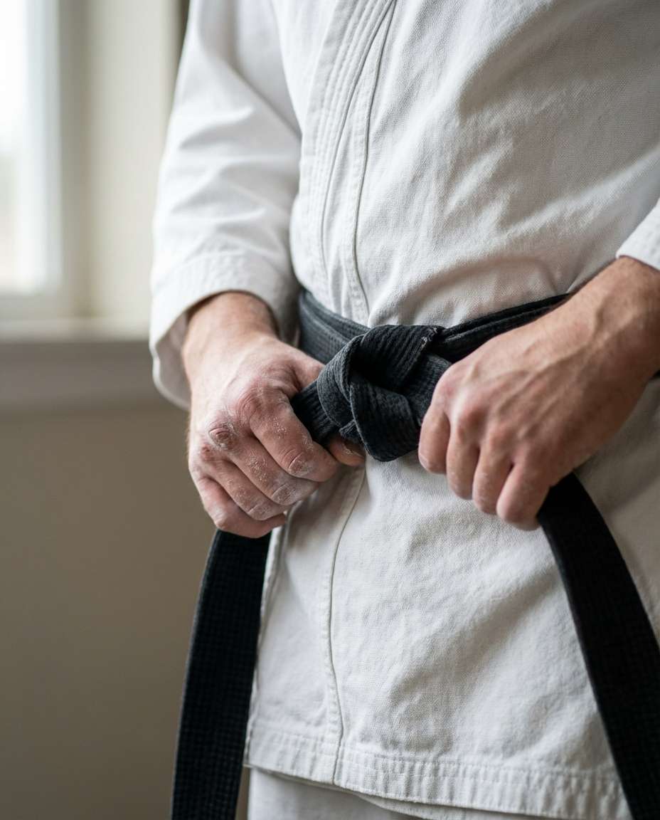 hands tying belt photo