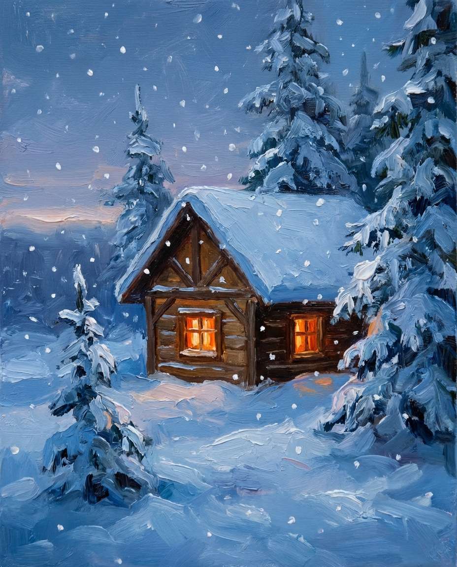 snow cabin glow photo