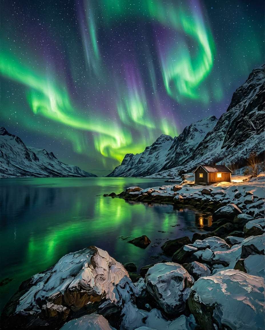 aurora over fjord photo