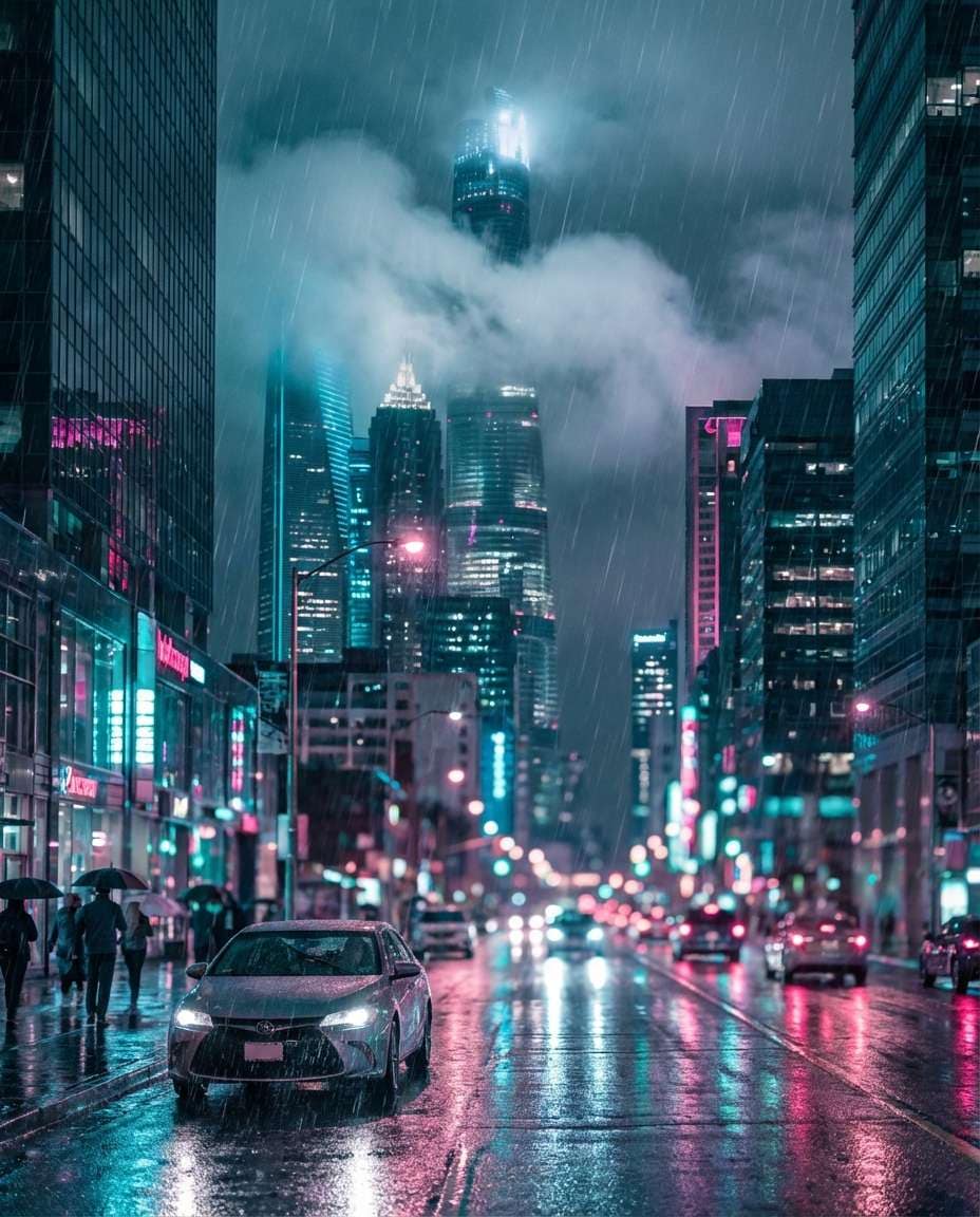 rainy neon skyline photo
