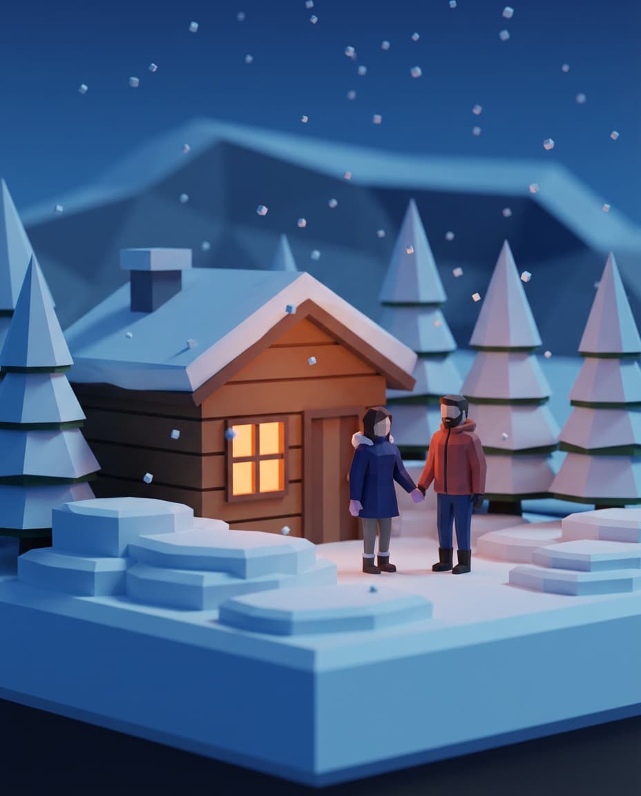 snow cabin couple photo