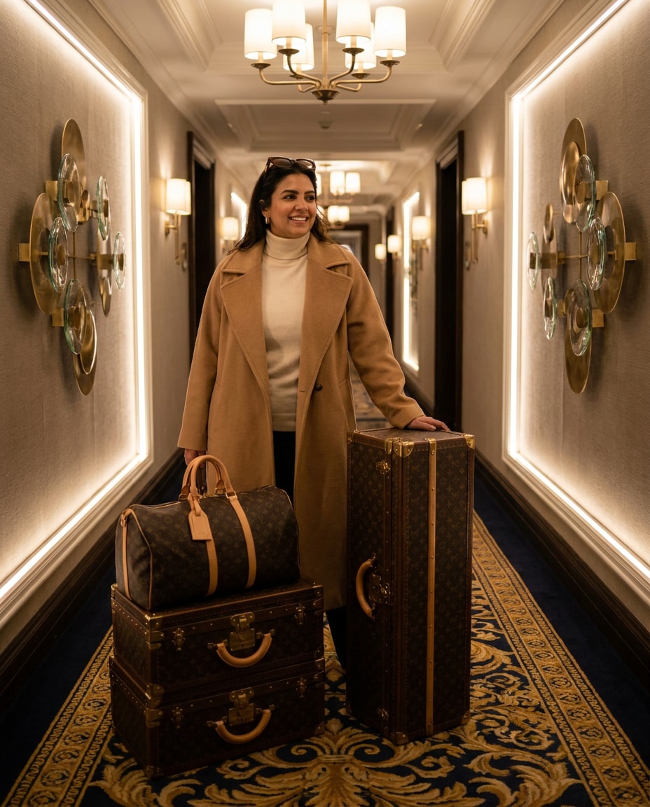 designer luggage pose photo