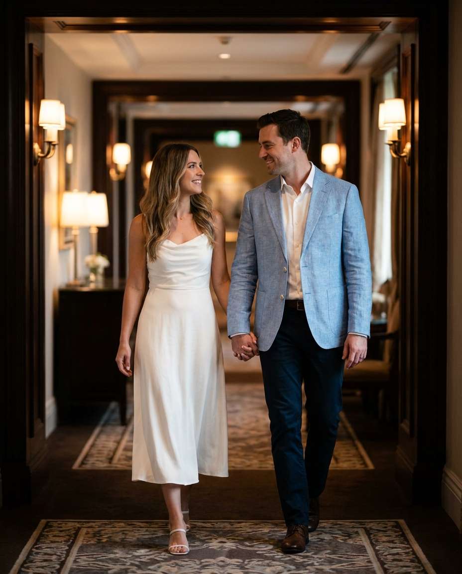 couple honeymoon hallway photo