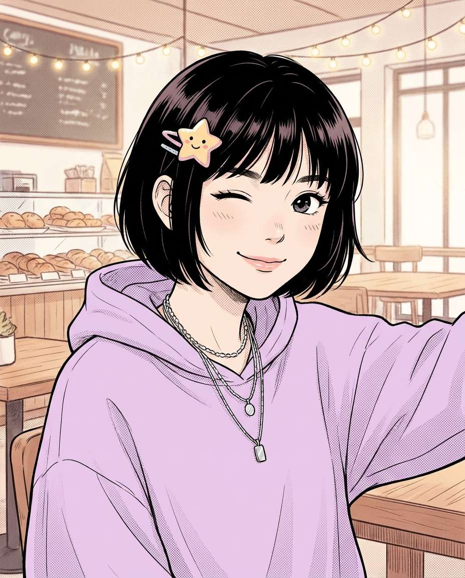 pastel cafe selfie photo