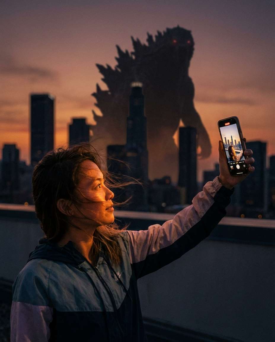 kaiju rooftop selfie photo