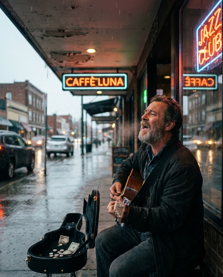 busker rainy night photo